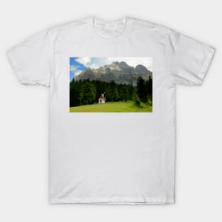 Alpine church at Passo Duran T-Shirt